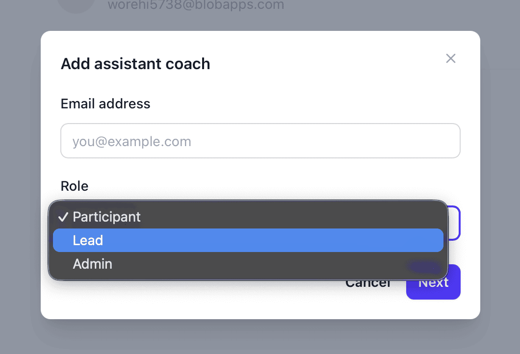 Add assistant coach dialog with role selection