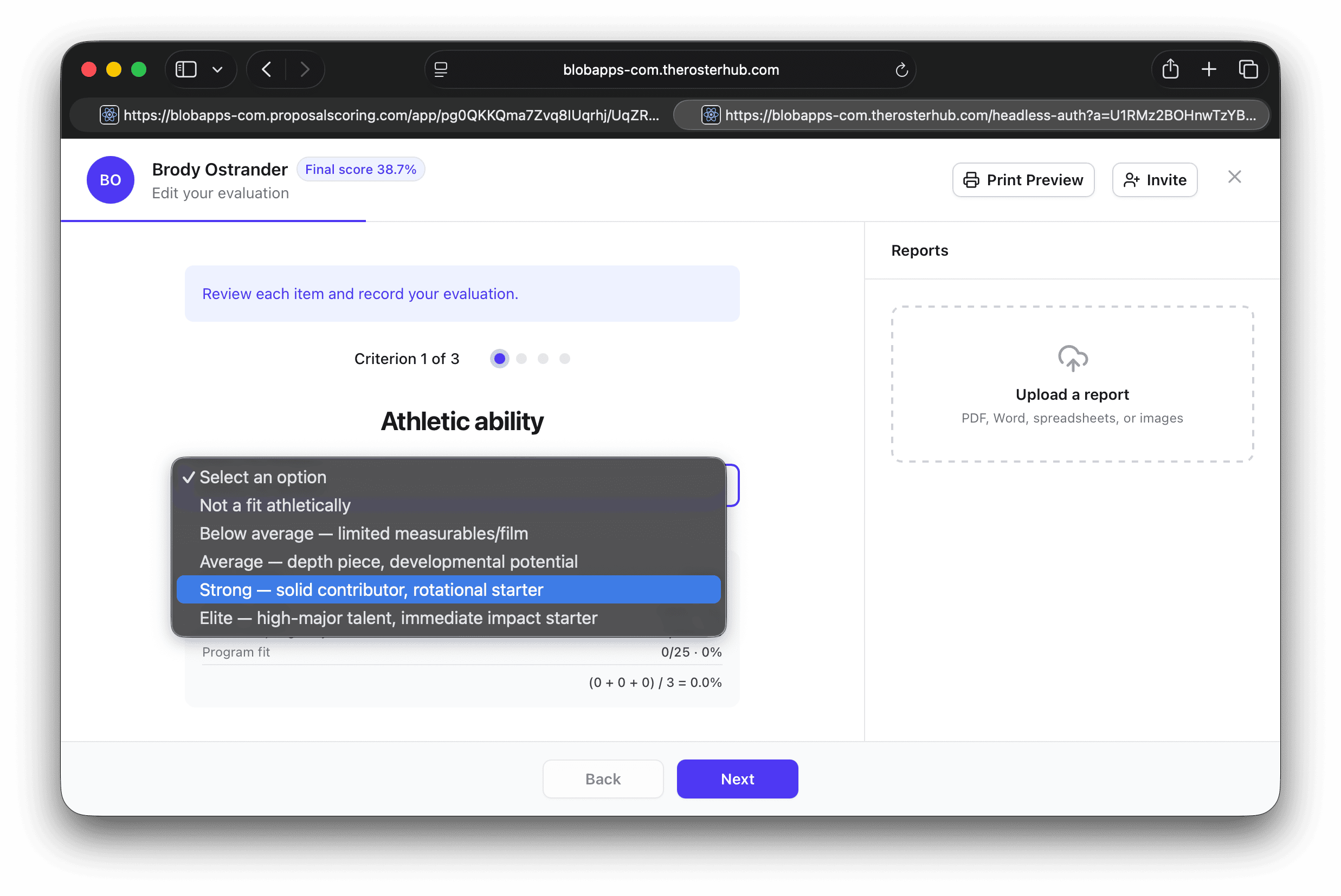 Evaluation screen scoring a prospect's athletic ability, with the score updating live